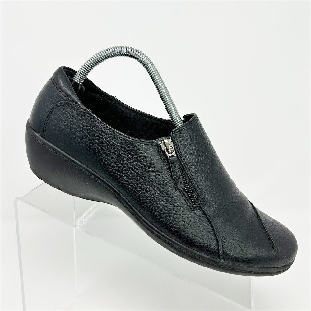 Clarks Womens Slip-On Loafers Black Side Zip Comfort Wedge Round Toe Size 10